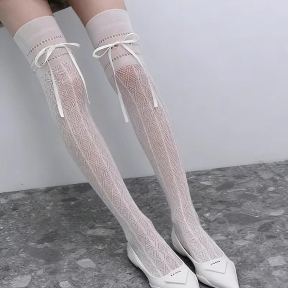 Bowknot Straps Design Thigh High Stockings Thin Fishnet Breathable Comfortable Women Long Socks Middle Tube Calf Socks