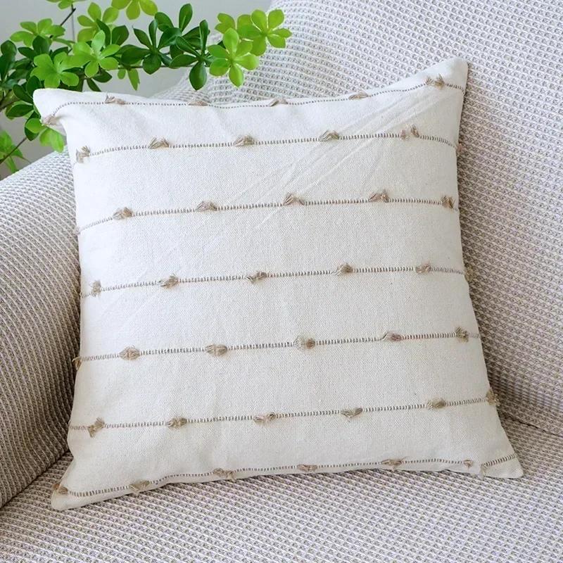 

Line Linen Pillow/Cushion Covers European with Tassels Throw Pillow Sham 18x18 Home Decor Square Decorative for Couch Kids Bed 45x45CM хаки