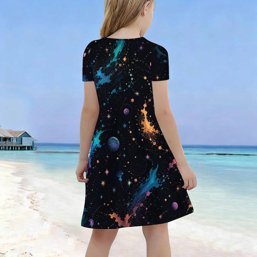 Girls Black Round Neck Short Sleeve Galaxy Space Printed A Line Flared Dress