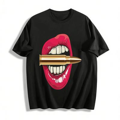 Bold Red Lips Bullet Print Street Style Casual Short Sleeve T-Shirt Pure Cotton T-shirt