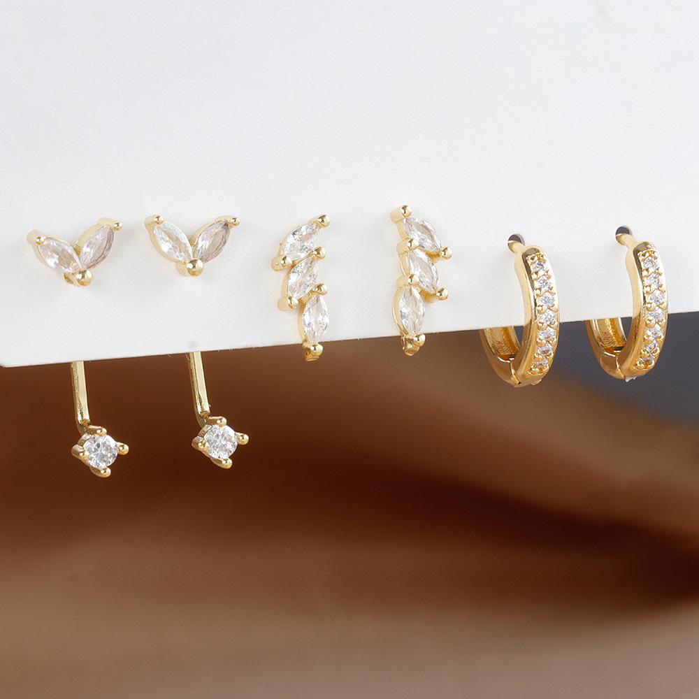 

3 Pairs Gold Color Zircon Earrings Set, White CZ Stone Wheat Cartilage Ear Studs, Circle Huggies Hoops Earring For Women Girls