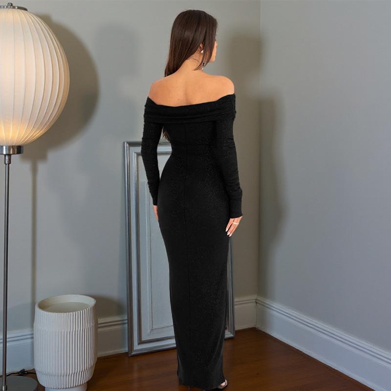One-word Shoulder Hot Diamond Sparkling Long-sleeved Dress for Women Ins European and American New Hot Girls Sexy Long Dress