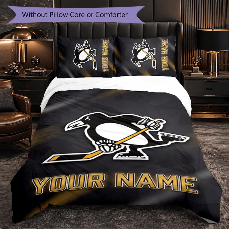 Pittsburgh Penguins Customized Name Text Bedding Set, 1 Duvet Cover & 2 Pillowcases Personalized Bedroom Gift