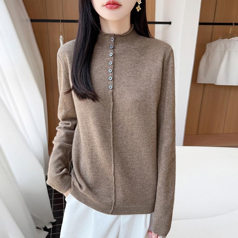 Women's Slim Fit Wool Knit Jacket with Rolled Hem and Half-Open Collar