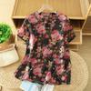 Floral Shirt Women's Summer Women's Cotton and Linen Shirt Women's Summer New Style Loose Shirt Stand-up Collar Short-sleeved