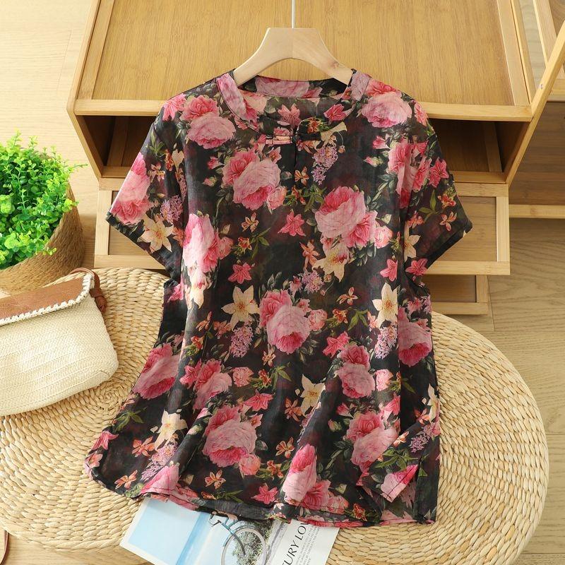 Floral Shirt Women s Summer Women s Cotton and Linen Shirt Women s Summer New Style Loose Shirt Stand-up Collar Short-sleeved M чёрный