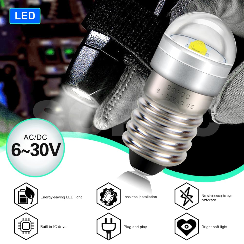 SOFOC E10 LED Flashlight Bulb, 6-30V ACDC, 6000K White, Decorative Light, DIY Indicator Lamp, OutdoorBicycle Headlamp, Penlight, Maintenance Light,