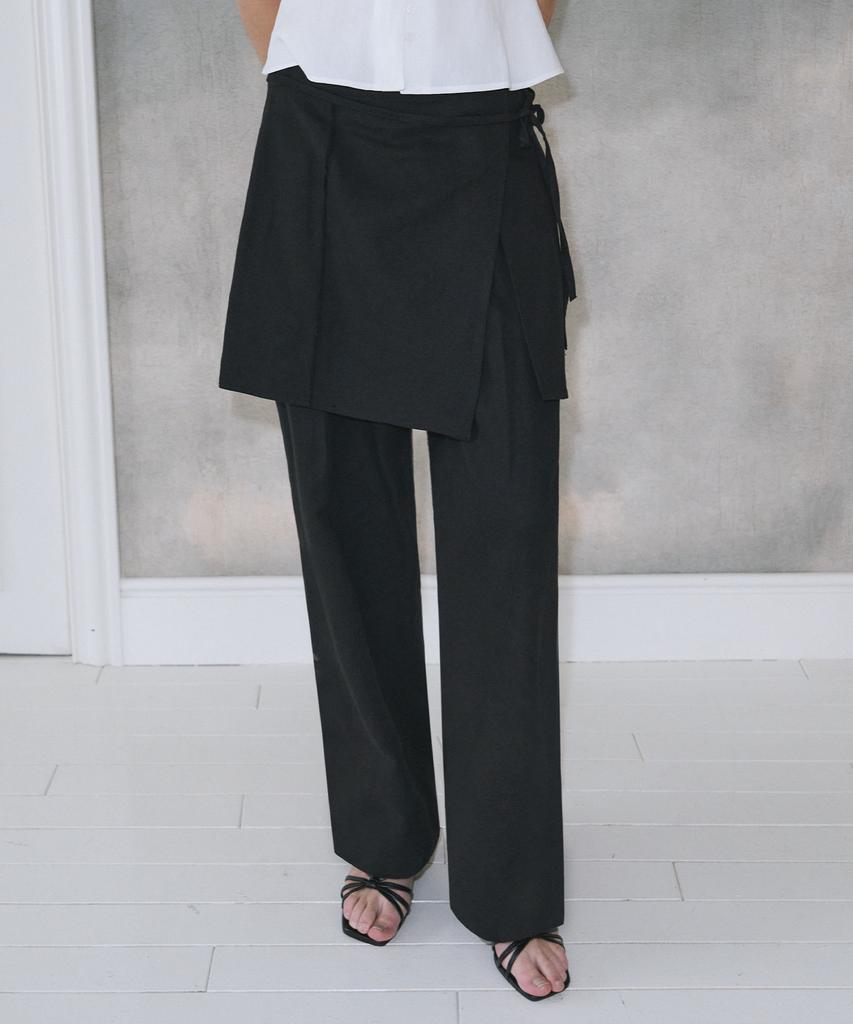 Kiyamo Layered Skirt Linen Pants _Black