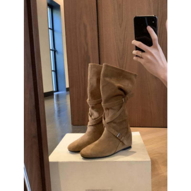 Herbst und Winter Höhe Zunahme cm~ runde Zehen flacher Boden Wildleder Stiefel mit Schichtabsatz mittelhohe Stiefel Damen Stiefel mit dicker Sohle