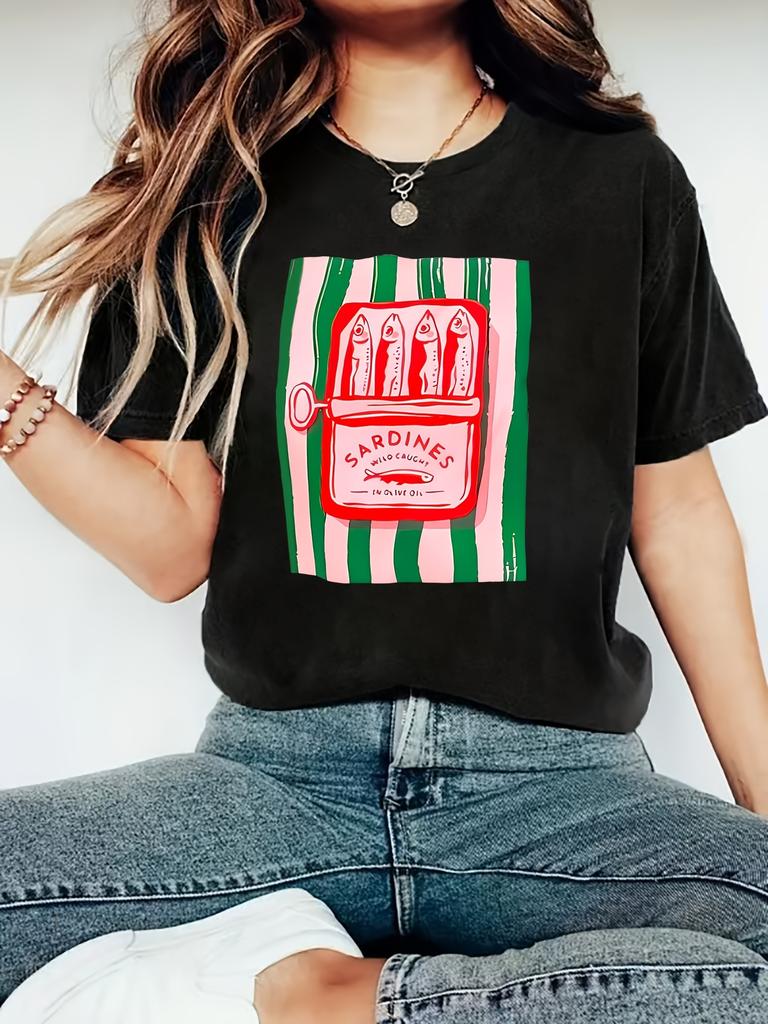 Sardines can pattern print Women's casual T-shirts Casual versatile women's summer short-sleeved tops T-shirts