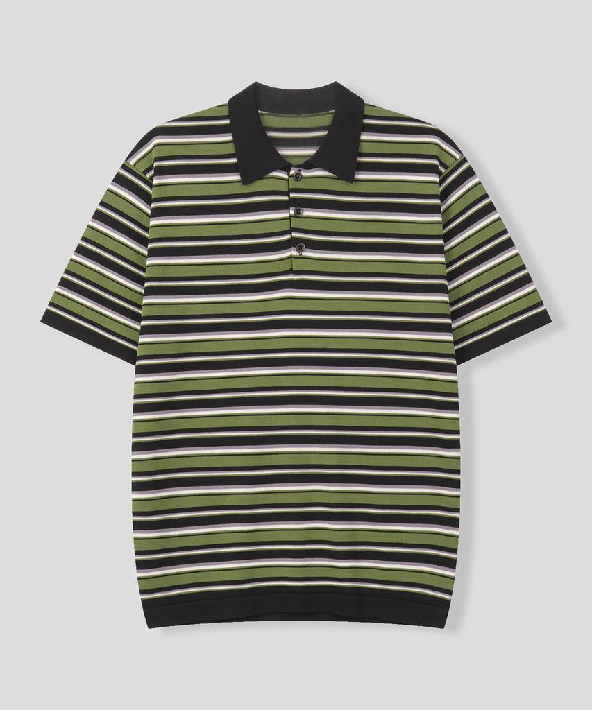 BLACK MOMENT Retro Striped Collared Knit Polo [Lime Mix]