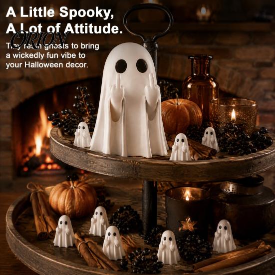 Gift Bag Fillers Mini Ghost Flipping Middle Finger Figurines for Halloween Decorations, Miniature Resin Small Haunted House Props Statue Tiered