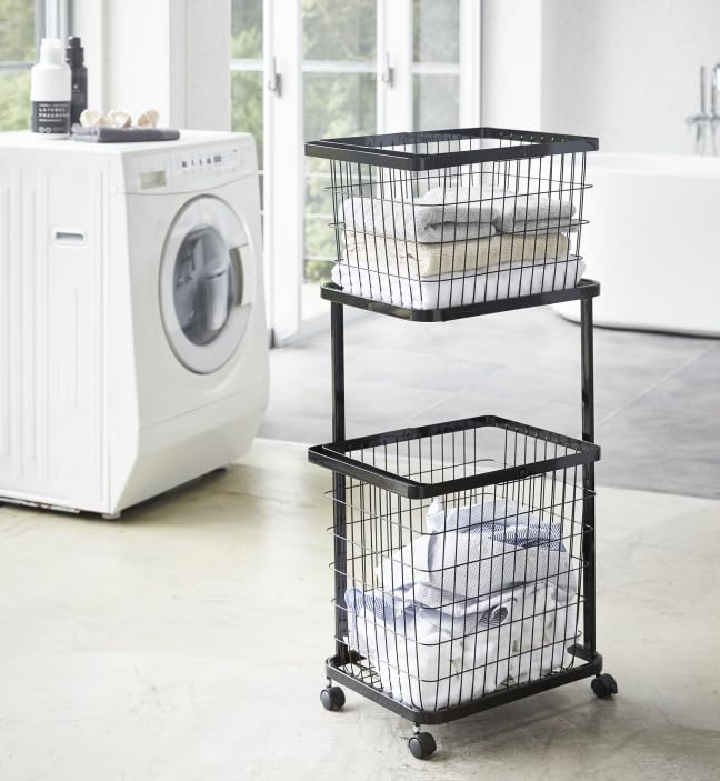 Laundry Cart Basket Tower by Yamazaki set in with Slim perfect for laundry and + Set, Series, Jitsugyo, 2-tier, 3-piece black, casters. design,