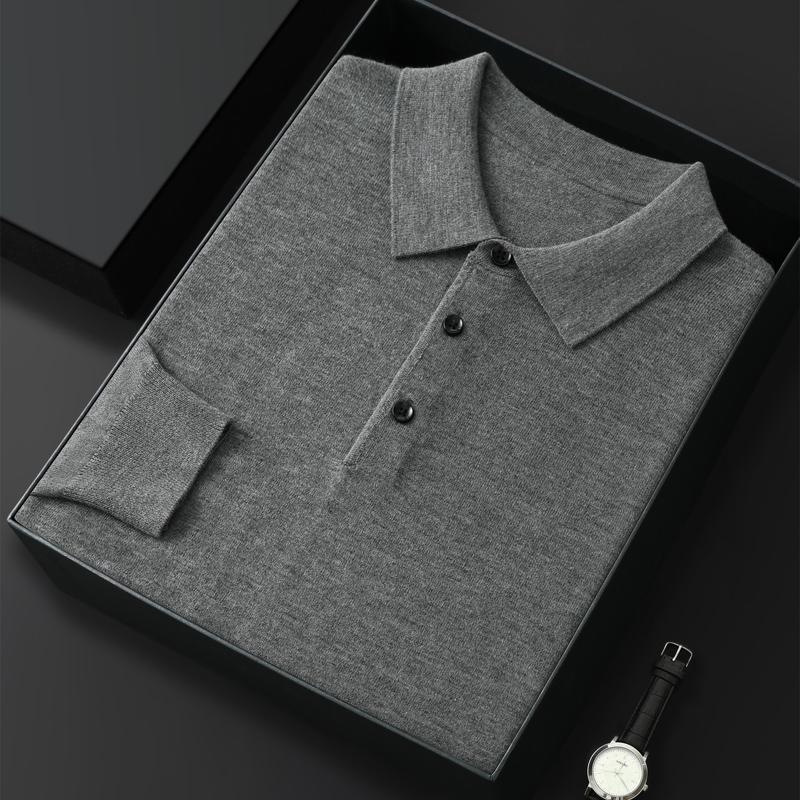 High Quality Worsted Spun Collar Wool Sweater Men's Spring and Autumn Business Polo Sweater Thin Long Sleeved Knitted T-Shirt