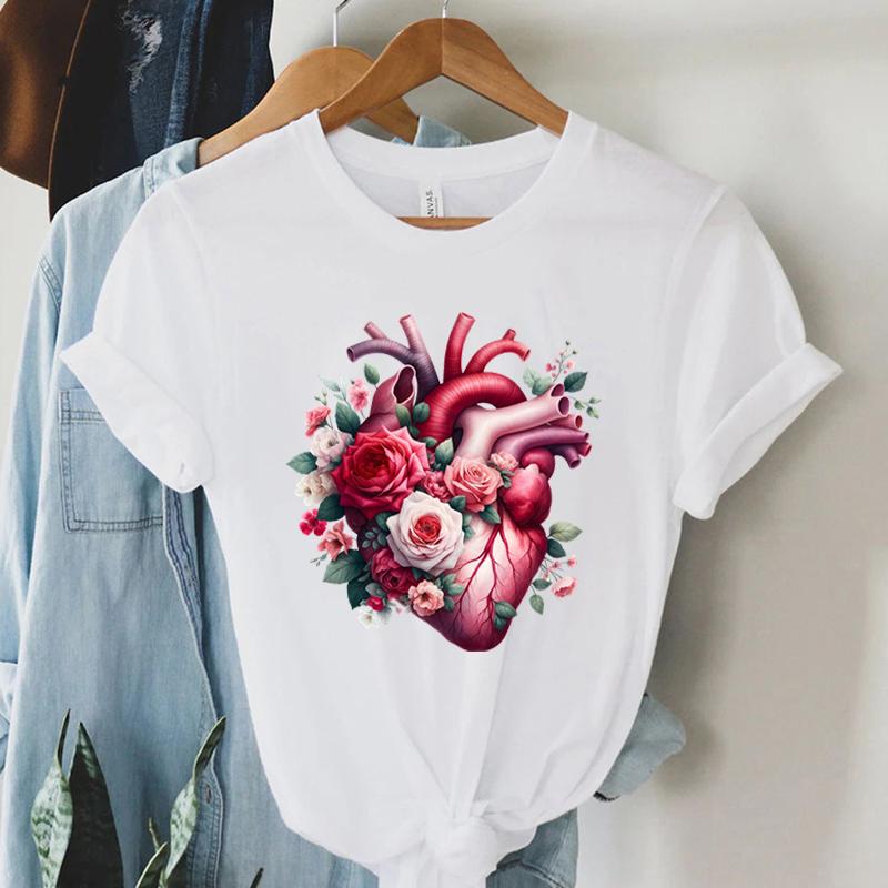 

Watercolor Heart Floral Tshirt Women Funny Anatomical Graphic Tee Shirt Top Aesthetic Vintage Women Cardiology Nursing Tshirts S