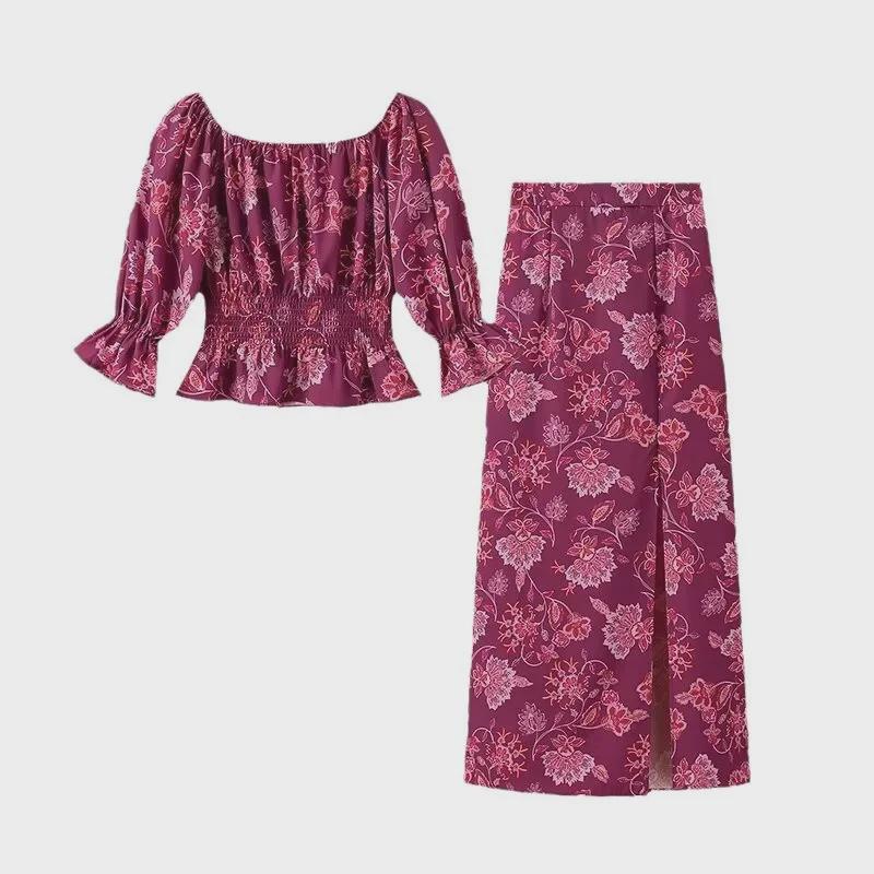2024 Rose Red One-Shoulder Long-Sleeve Shirt & High-Waisted Skirt Set for Women