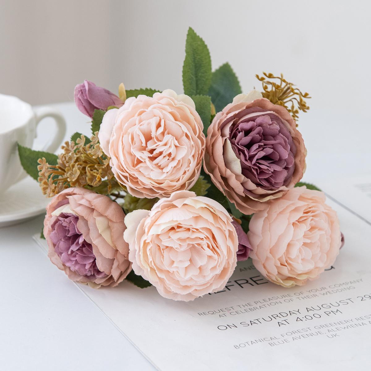 

29 см Букет искусственных цветов 5 головок пионов в европейском стиле Шелковые цветы Высококачественные пластиковые цветы Искусственные ромашки Домашний декор