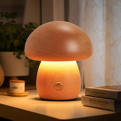INS Wooden Creative Mushroom Night Light Stepless Dimming Bedside Table Lamp 3 Color Rechargeable Sleeping Nightlights For Room