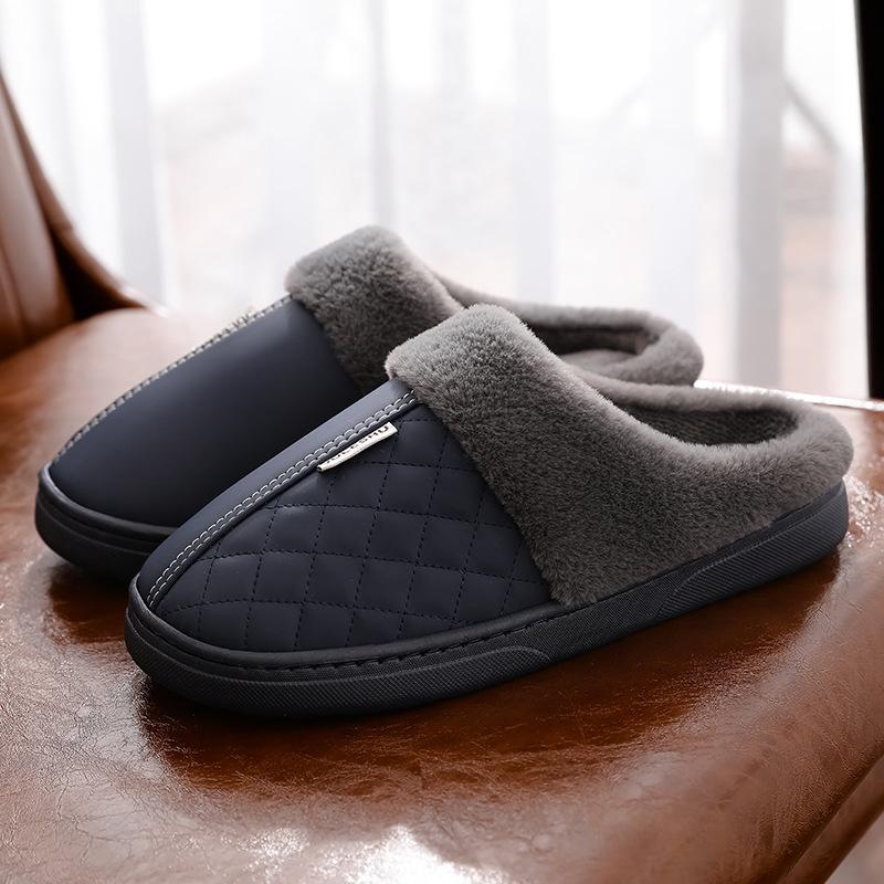 Winter head cotton slippers women's leather surface waterproof men's indoor thermal shoes grid elements