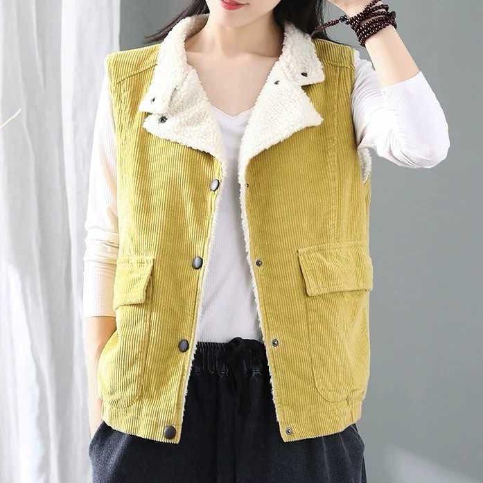 Vintage Corduroy Vest Women's Flocked Lapel Vest Plush Thick Vest Sleeveless Jacket Women's Fleece Vest