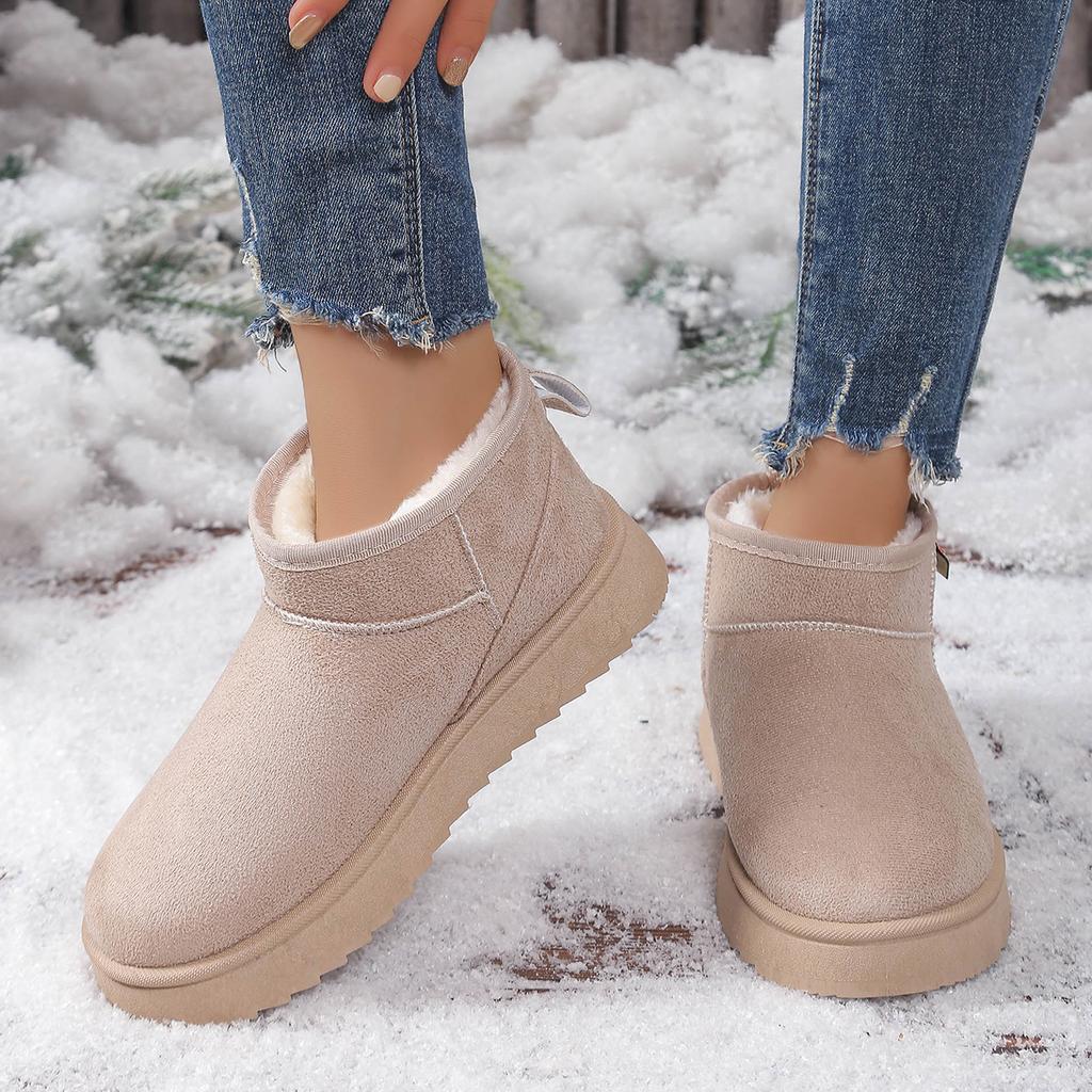 Fashion Women's Solid Color Thick Plush Snow Boots Comfortable Flat Ankle Boots Woman Winter Casual Slip On Flat Cotton Shoes