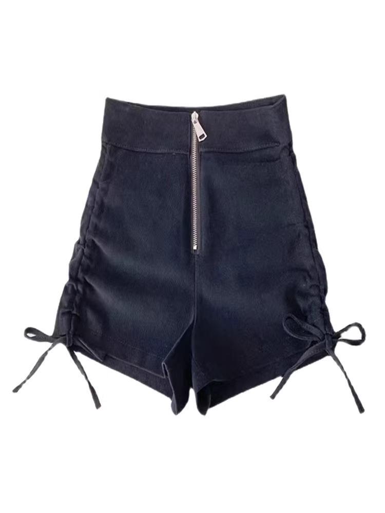 Black High Waist Ruched Drawstring Booty Shorts - Trendy Slim Fit Thong-Style for Spring