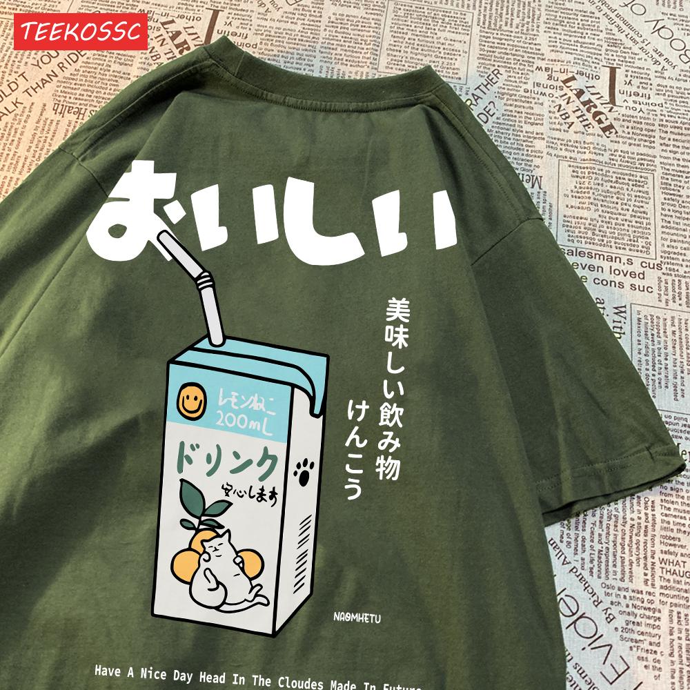Niedliches Japanisches Katzenmuster Übergroßes T-Shirt Damen Herren Kurzarm Locker Lässiges T-Shirt Streetwear Oberteile Baumwolle Harajuku Kleidung