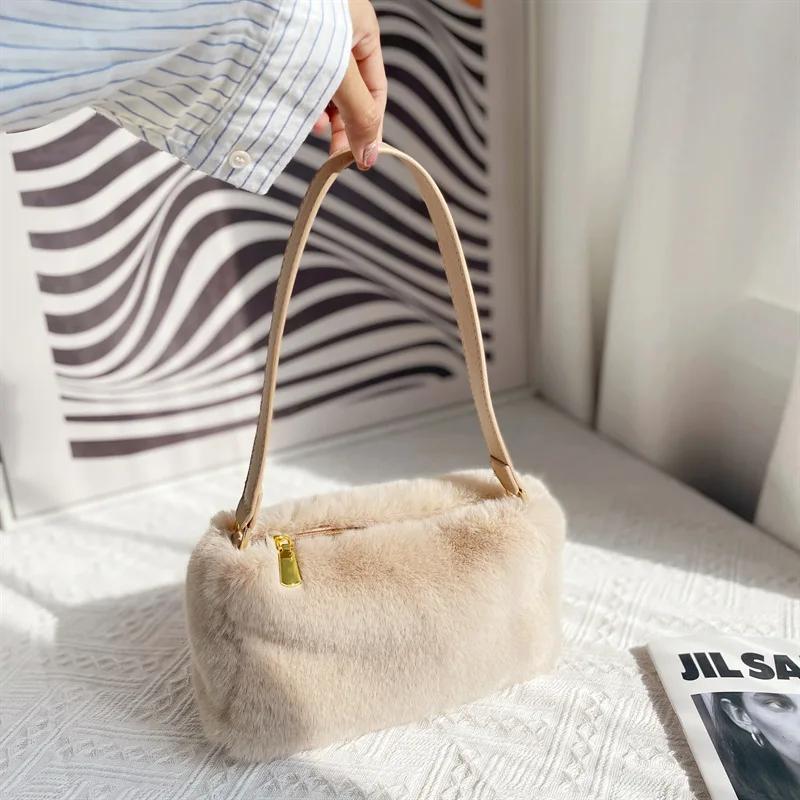 Winter Casual Portable Women's Plush Shoulder Bags Simple Commuter Ladies Furry Underarm Bag Versatile Faux Fur Female Handbags
