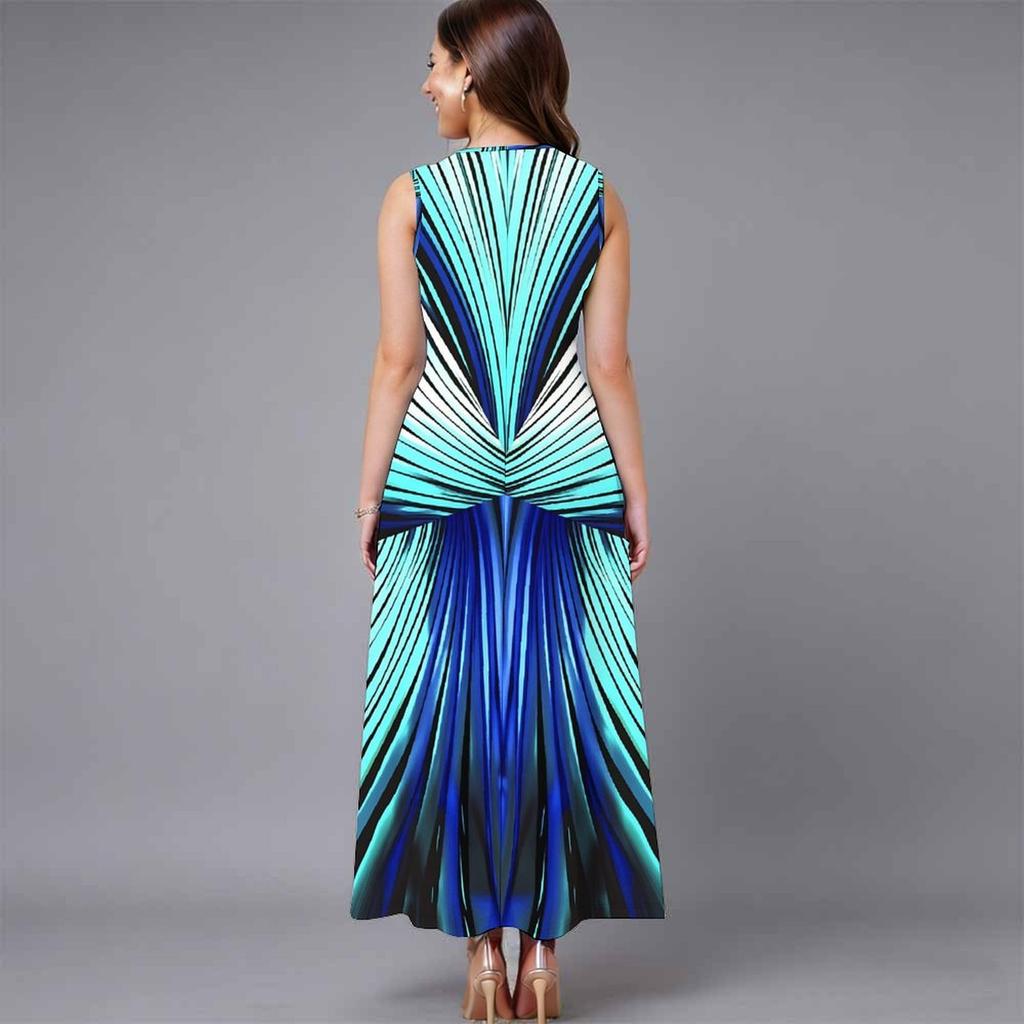 Oversized Women Sleeveless Round Neck Dress Elegant Mixed Floral Print Flowy Mid Length Dress