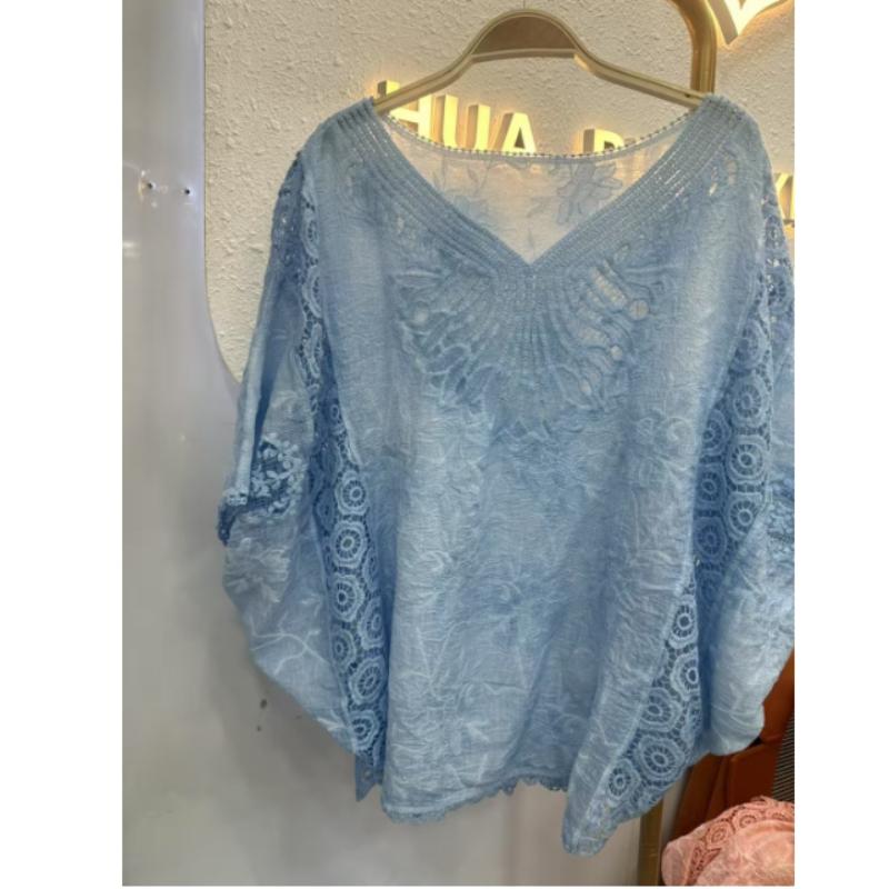 Top da Donna Stile Vacanza Cotone Stile Straniero Lavorazione a Maglia Intrecciata Ricamo in Pizzo Scollo a V Ampio e Morbido Camicetta Parasole