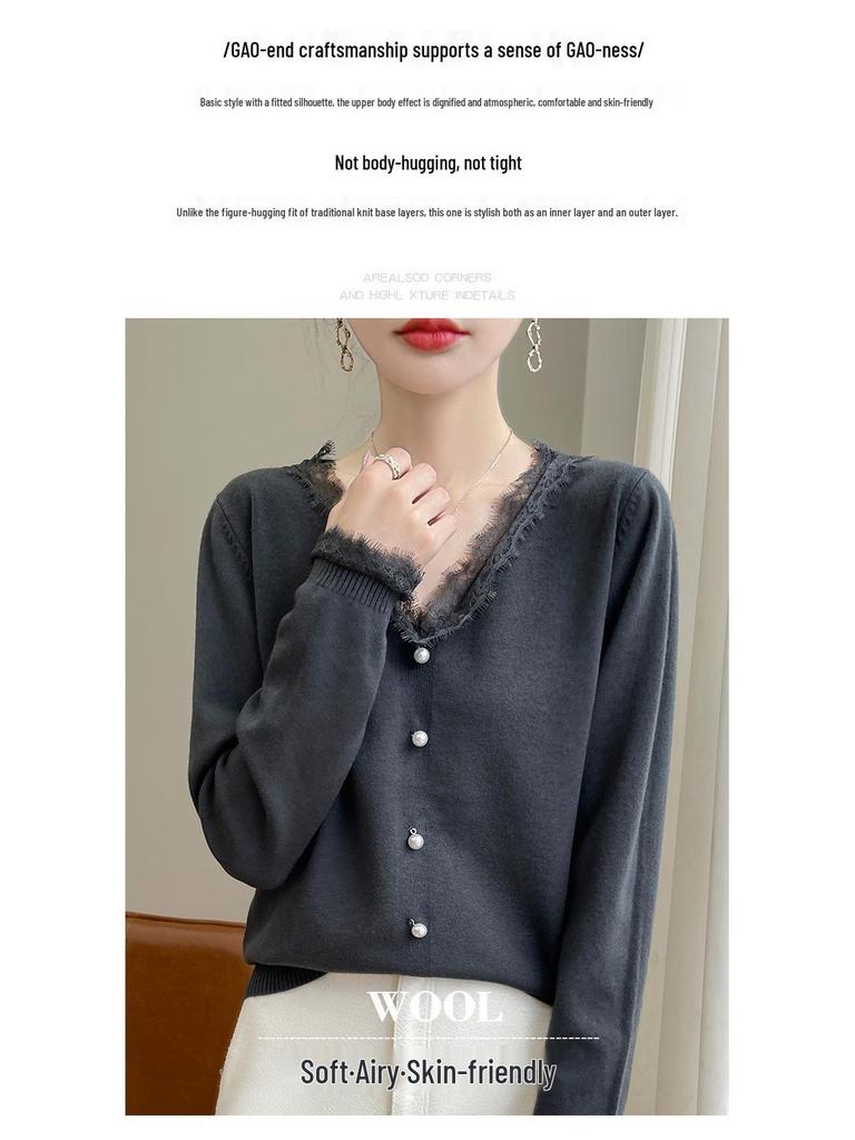 2024 Autumn Women's V-neck Lace Trim Knitted Sweater