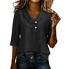 Women 3/4 Sleeve Blouse Loose Fit Button Down Shirt Casual Plain Lapel Collar Top