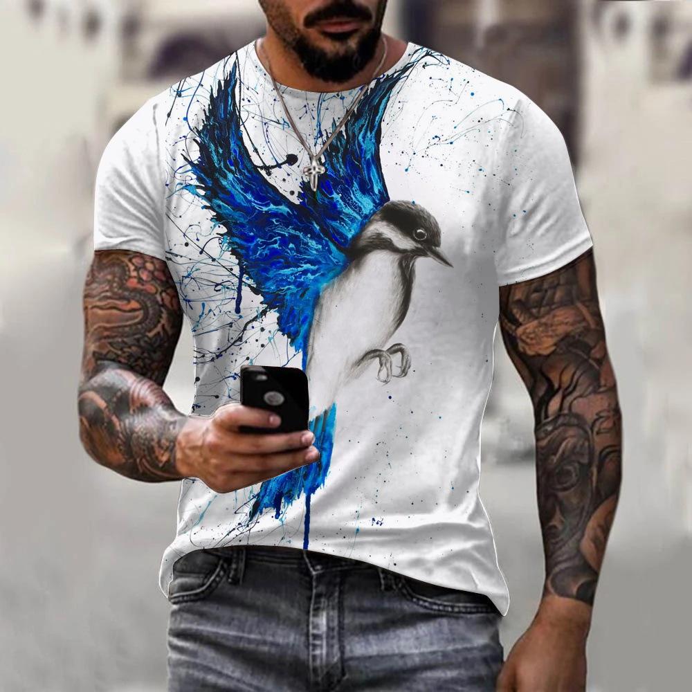 T-shirt Men's 3D Printed Bird Animal Ink Painting Pattern Summer Men And Women Fashion Casual Oversized Crew Neck T-shirt Top