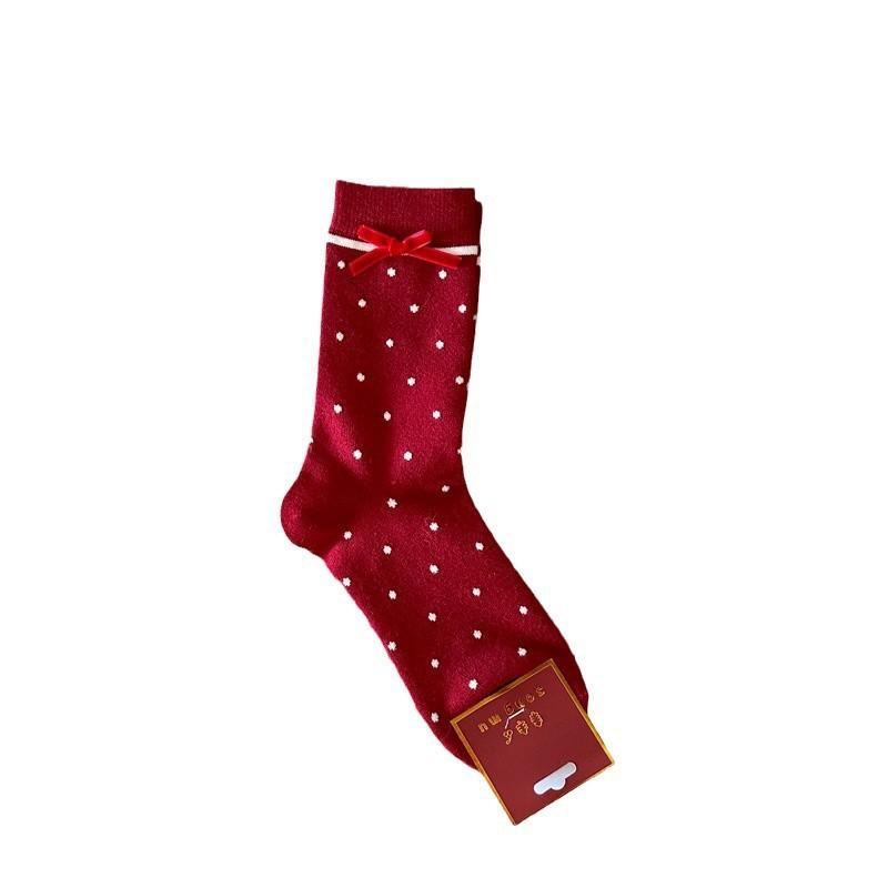 Velvet Bow New Year'S Socks, Exquisite Rabbit Plush Mixed Warm Big Red Socks