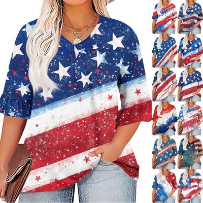 Women's Fashion Casual V-Neck Seven Sleeve Ruffle Sleeve Independence Day Printed T-Shirt Tops Plus Size Women's