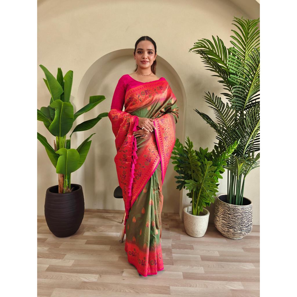 Paithani Silk Sarees  with Unique Peacock Motifs and Meenakari Work Having Contrast Pallu and Designer Contrast Border. With Tassels.