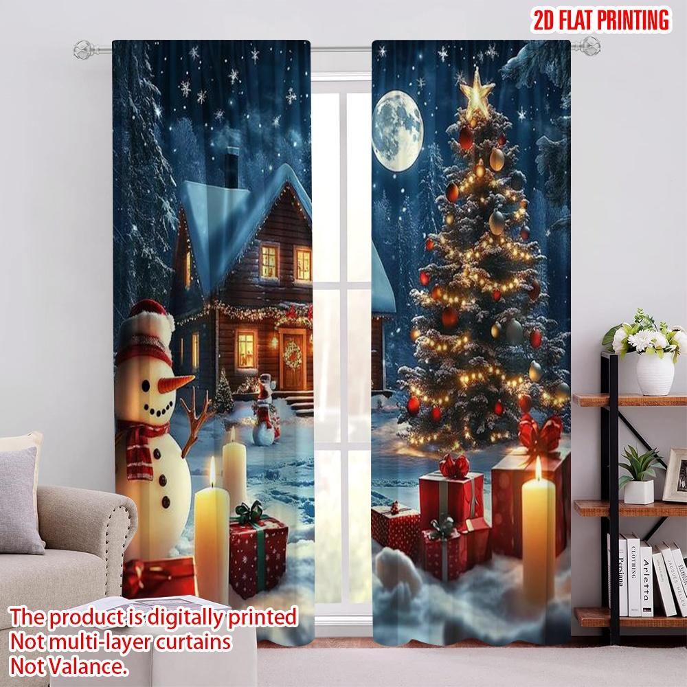 

Set Of 2 Flat Printing Christmas Party Curtain Holiday Snowman Polyester Without Electricity Celebrations Curtains Made W100*H70(CM)-Grommet top&2PCS