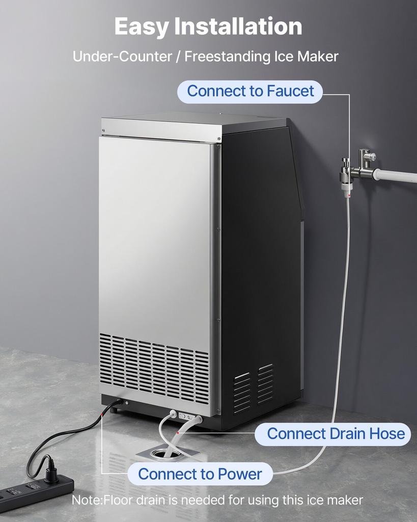 Commercial Ice Maker Machine, 45 Kg/24h with 14 Kg Storage Capacity, Built-in/Freestanding/Under Counter, Stainless Steel Ice Maker with LED Display &