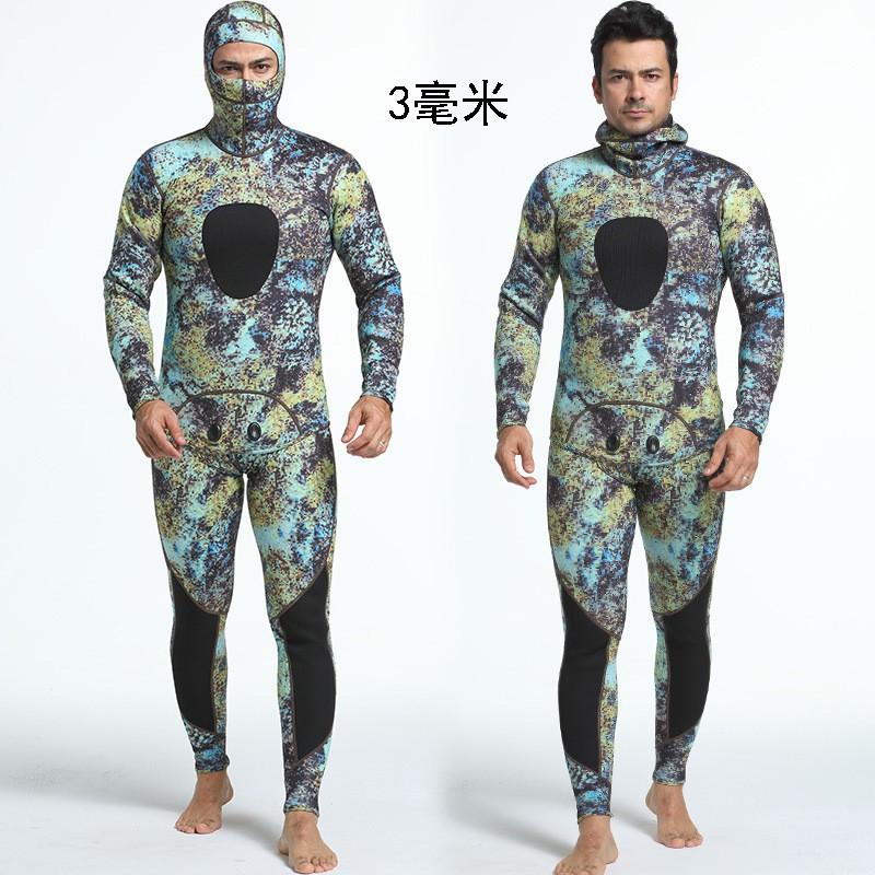 3mm Neoprene Wetsuit Set Hooded Camo Two-Piece Diving Surfing Snorkeling Water Sports Men Adult