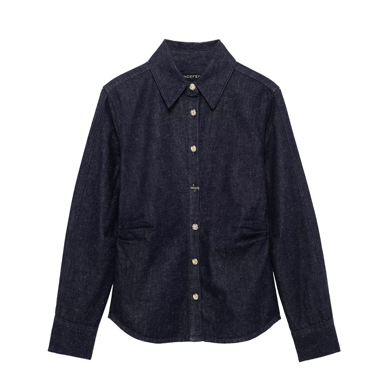 

2025 Весна Женская Европейская и Американская Плиссированная Джинсовая Рубашка с Длинным Рукавом Small темно-синий