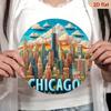 Chicago Silhouette Metal Wall Poster, Round Rustic Living Room Decor 7.87x7.87in