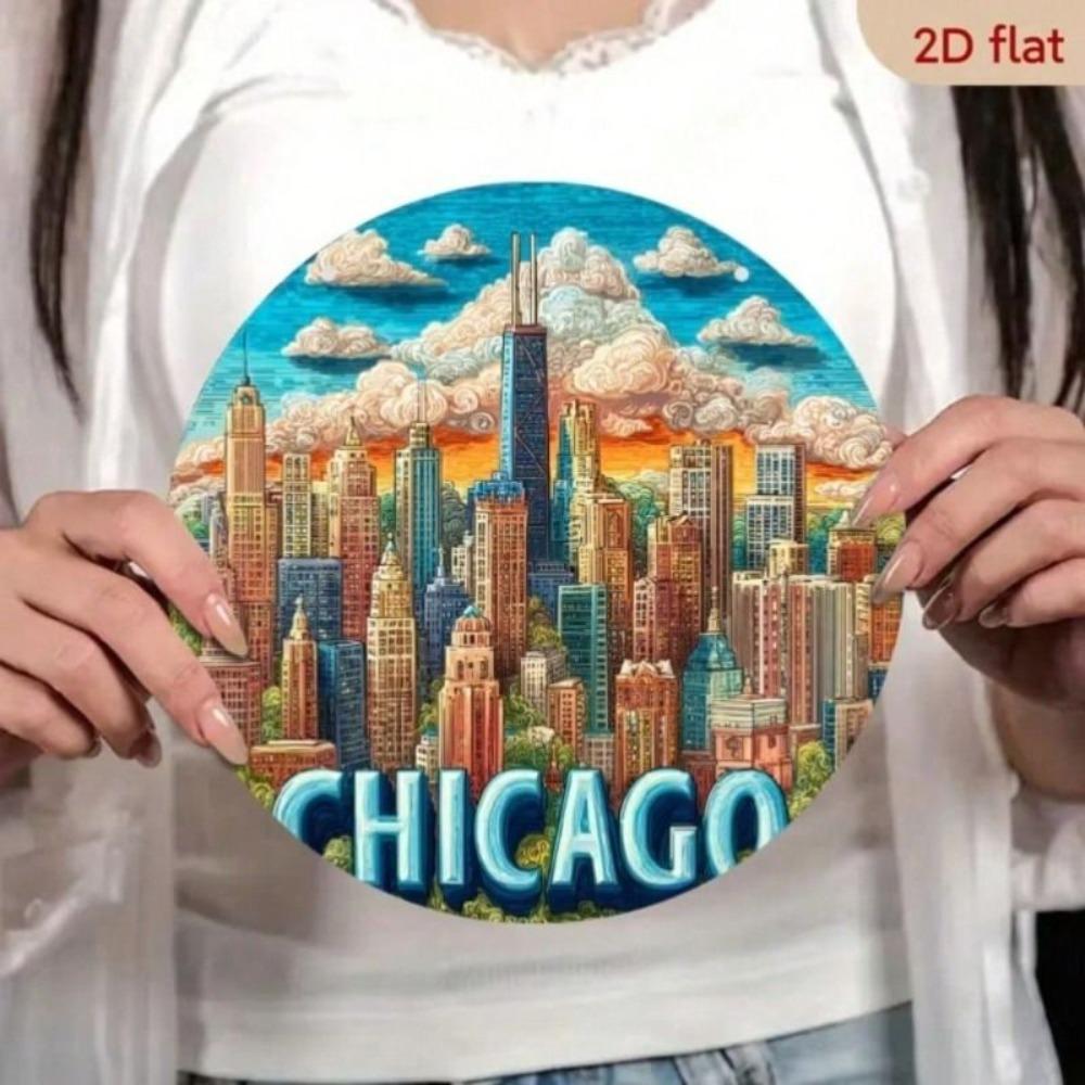 Chicago Silhouette Metal Wall Poster, Round Rustic Living Room Decor 7.87x7.87in