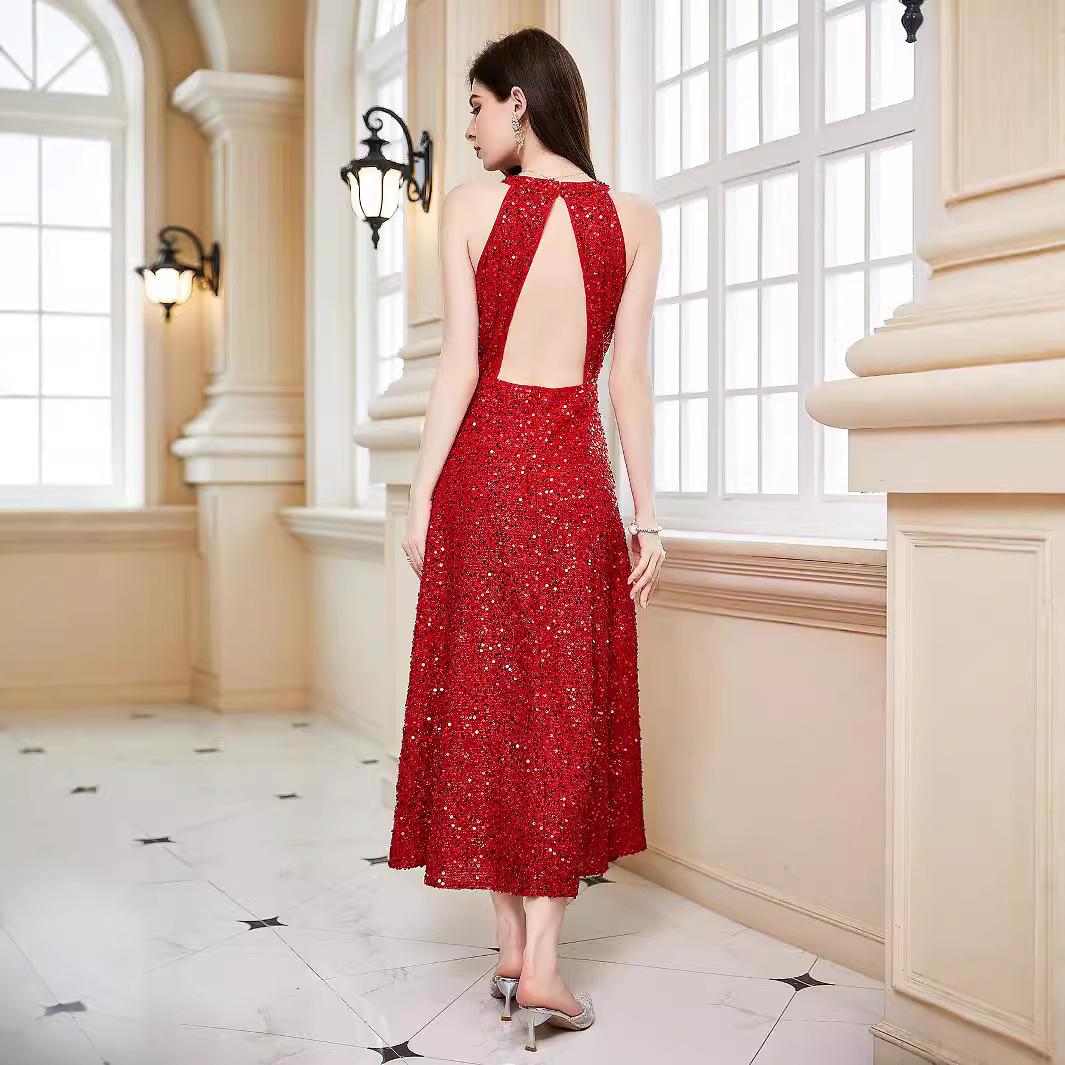 

Summer new dress sleeveless neck dress backless evening dress XL червоний