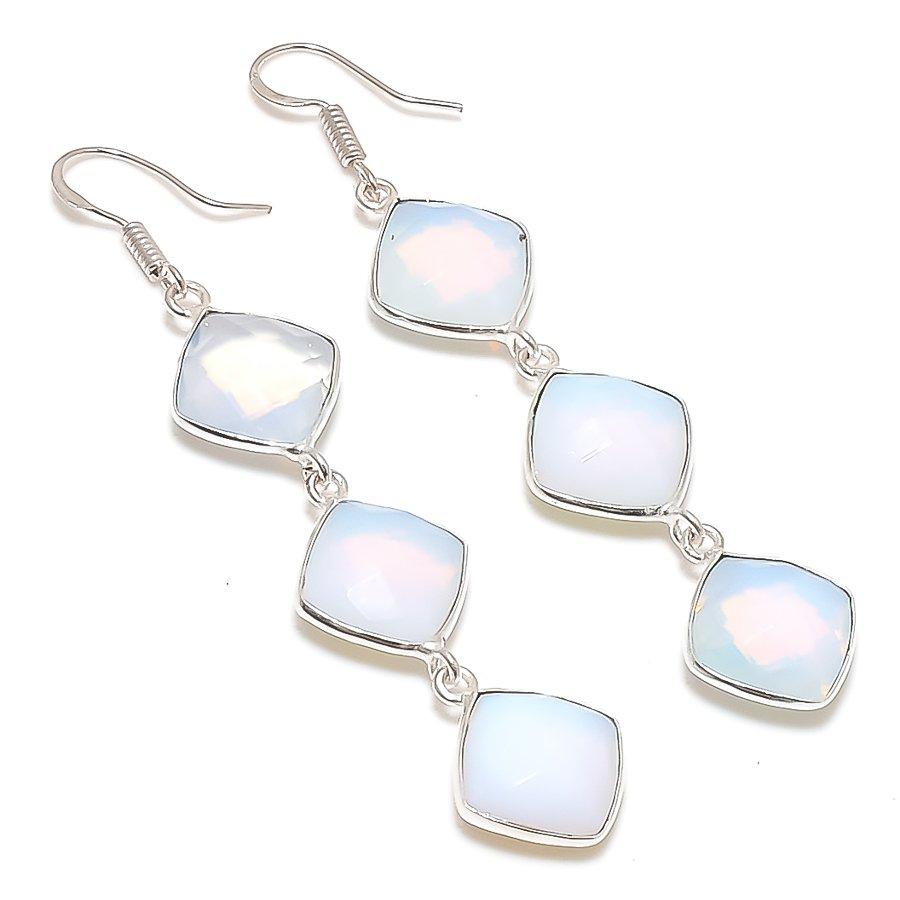 Milky Opal Gemstone Handmade 925 Sterling Silver Jewelry Earring 2.96" KJ-1498