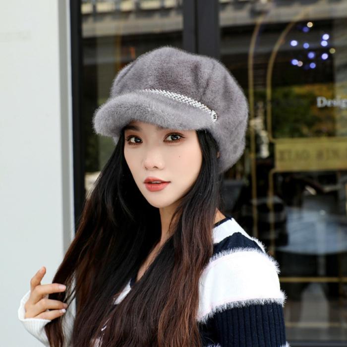 Imitation Mink Beret Women's Autumn and Winter Folded Octagonal Hat Casual Warm Hat