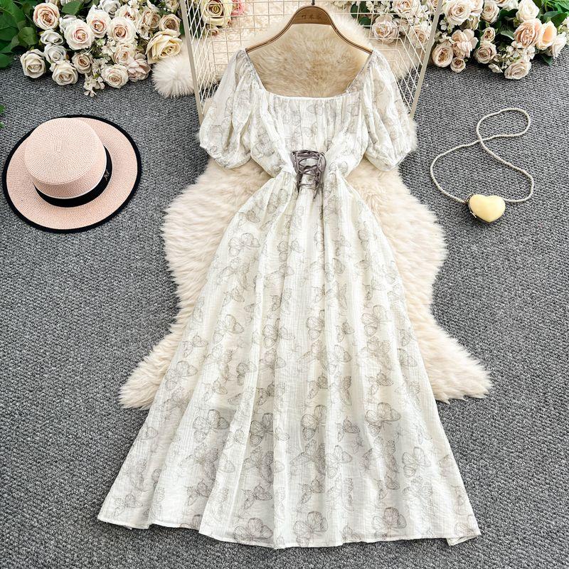 

French style Retro Butterfly Print Square Collar Puff sleeve Dress Women Summer Lace-up Waist Hugging Slimming Big Hemline Long Dress White All yards