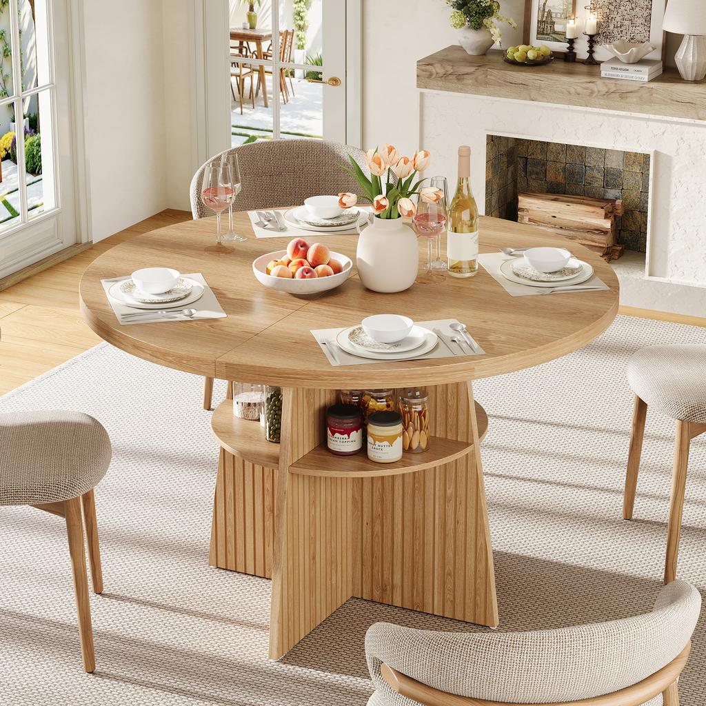 Tavolo da Pranzo Rotondo Estensibile 110-150x110x77,5 cm, Tavolo da Cucina per 2-8 Persone, Salvaspazio con Ripiano Integrato, Tavolo Moderno in Legno dall'Aspetto Naturale
