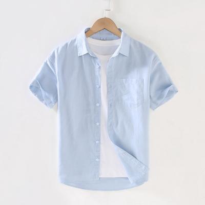 Cotton Linen Summer Shirt Japanese Style Men's Short Sleeve Shirt Beach Men Tops Square Pocket Blue Button Shirt Daily Causal Shirt