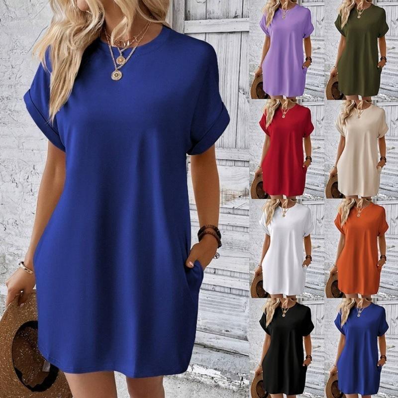 Women's Spring and Summer New Solid Color Round Neck Casual Breathable Loose Short Sleeve Pocket Dress