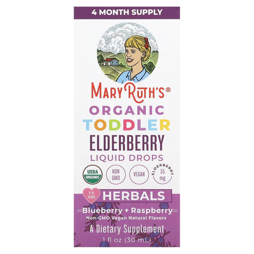 MaryRuth's Organic Toddler Elderberry Liquid Drops, Blueberry + Raspberry, 1 Fl Oz (30 Ml)